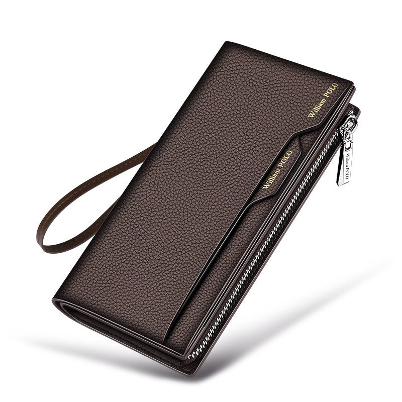 Luxury WilliamPOLO Men's Cowhide Long Wallet Handbag Genuine Leather Credit Card Holders Fashion Mobile Phone Bag Zipper Purse