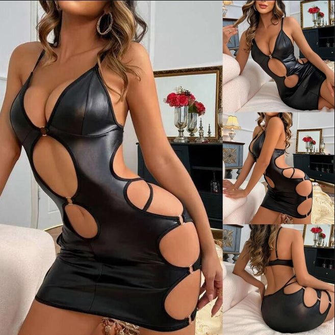 Backless Hollowed Out PU Leather Dress