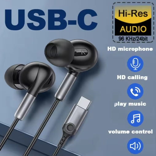 USB Type C HiFi Music Wired Headphone For Samsung iPhone 15 Pro Max Headset 3.5MM Jack With Microphone Wire Controlled Earphone