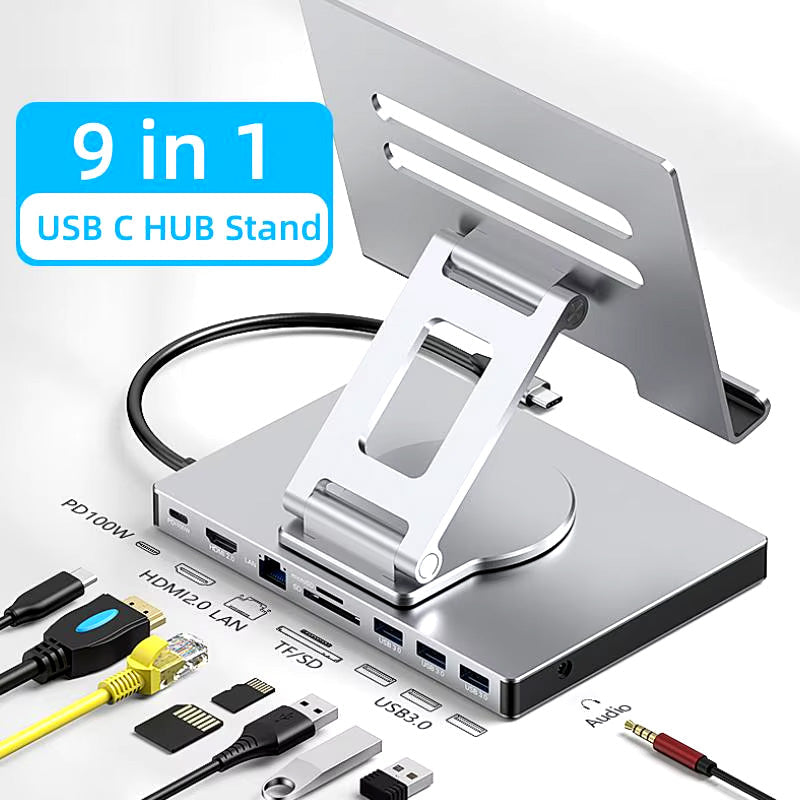 9 in 1 USB C Hub With 360¡ã Rotating Laptop Tablets Stand HDMI 4K60Hz PD 100W USB 5Gbps SD TF Aux 3.5mm for iPad Pro Tablet Docking Station