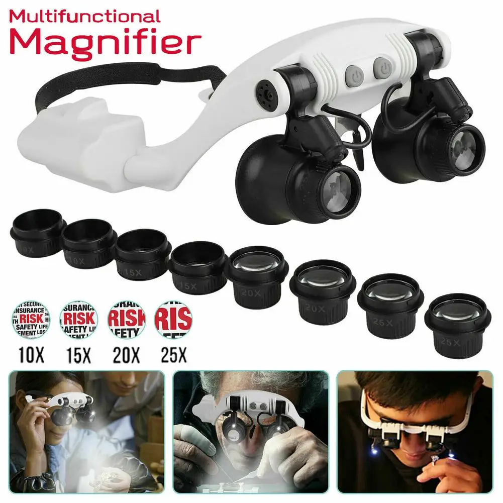 Upgrade LED Glasses Magnifier 10X 15X 20X 25X 4 Pairs Interchangeable Lenses Headband Magnifier For Jewelry Watch Craft Work