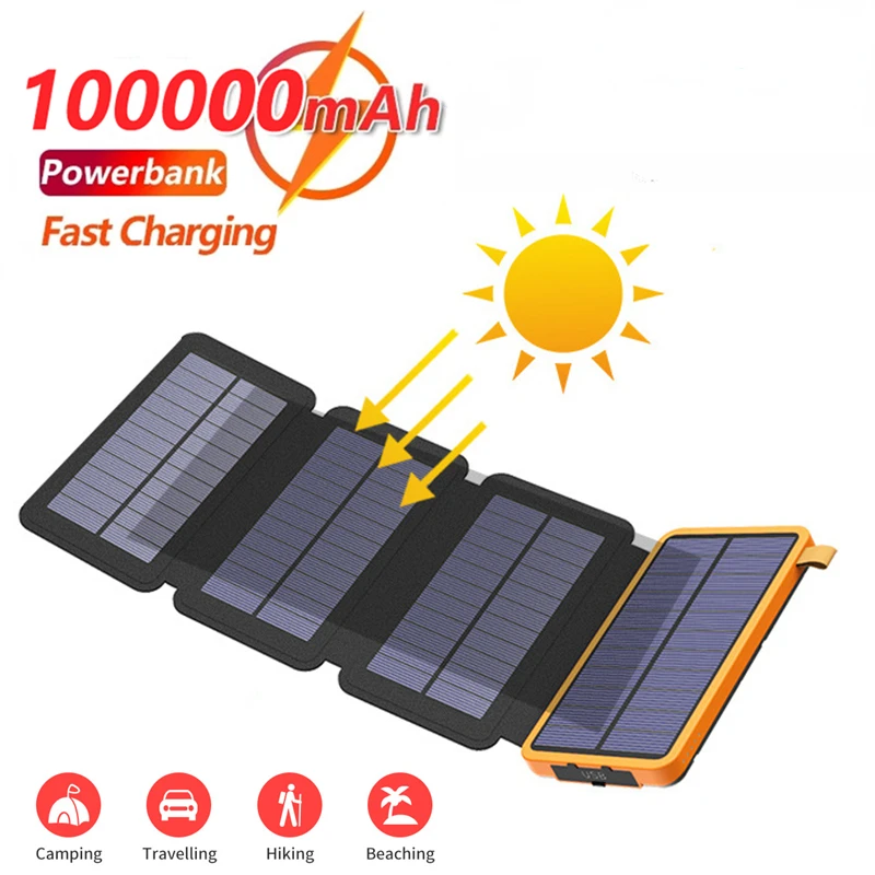 Solar Charger Power Bank up to 100000mAh Portable Solar Phone Charger 4 Solar Panels External Battery Pack for Phones Outdoor Camping