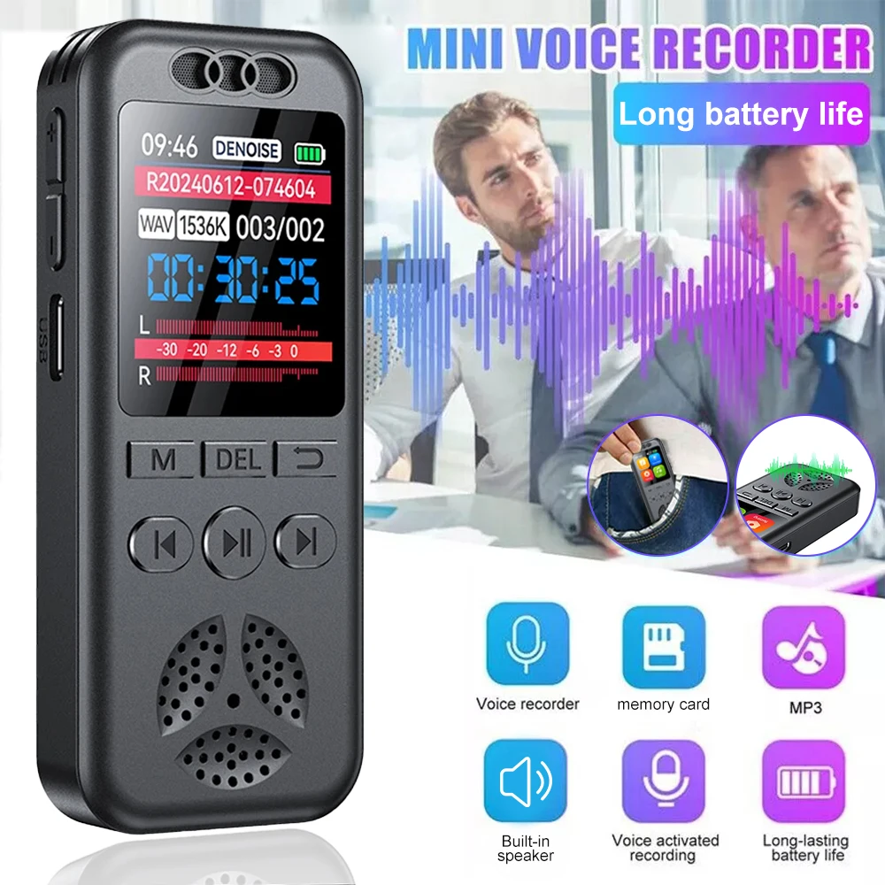 Noise Reduction Digital Voice Recorder 1536KBPS Professional Sound Dictaphone Voice Activated Audio Recording WAV MP3 Player for Meeting