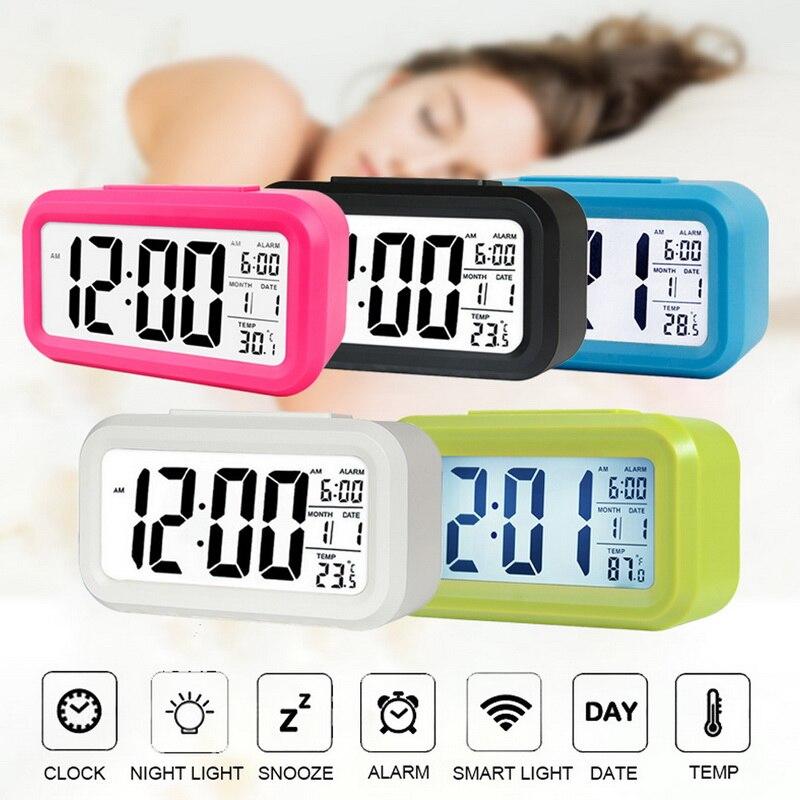 Digital Alarm Clock Time Data LCD Display Snooze Function Electronic BackLight Sensor Nightlight Office Table Student Kids Clock