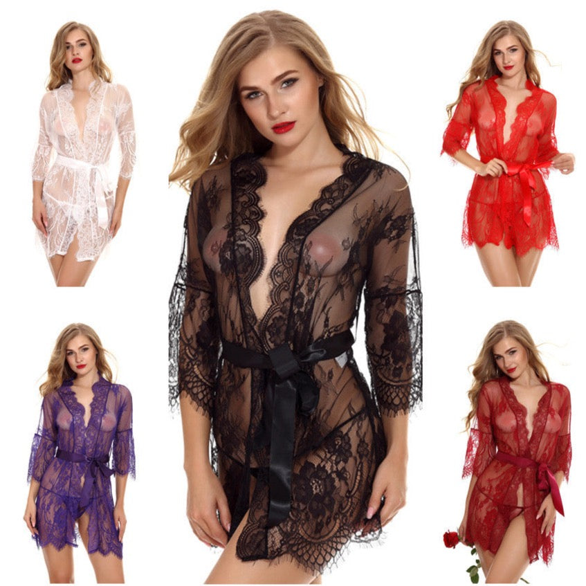 Spring Autumn Ladies Pajamas Half Sleeves Lace Flower Pattern Perspective Cardigan Belted Homewear Nightgown Women Summer Sexy Lingerie