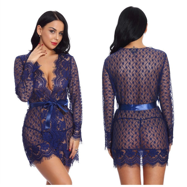 Erotic Lingerie Sexy Belt Eyelashes Lace Cardigan Nightgown Perspective Long-sleeved Spring and Summer Sexy Pajamas
